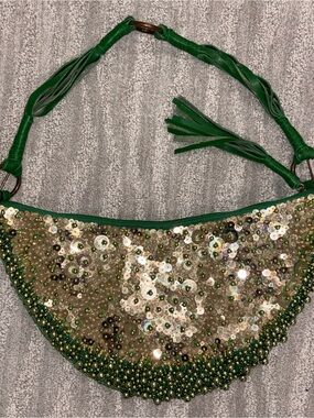 Y2K Far Nine Beaded Sequin Hobo Bag Green Gold Boho Vintage Fairy